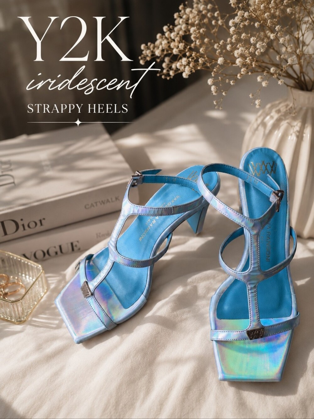 Valentina Rangoni Italy Holographic Iridescent T-Strap Heeled Sandals Square Toe